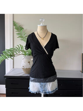 White House Black Market Wrap Top Black Beige Stretchy Short Sleeve Size S
